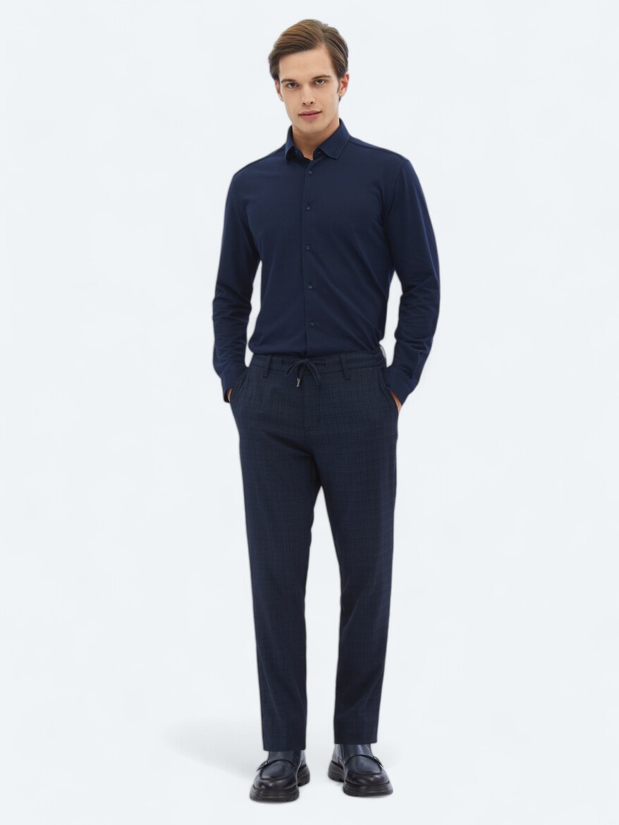 Navy Blue Regular Fit Knitting Casual Cotton Blended Shirt - 2