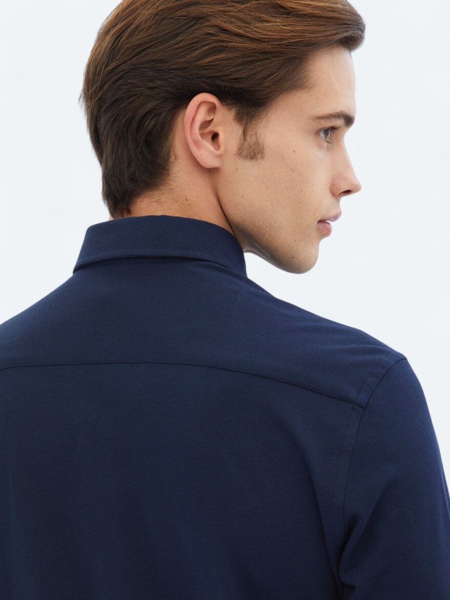 Navy Blue Regular Fit Knitting Casual Cotton Blended Shirt - 4