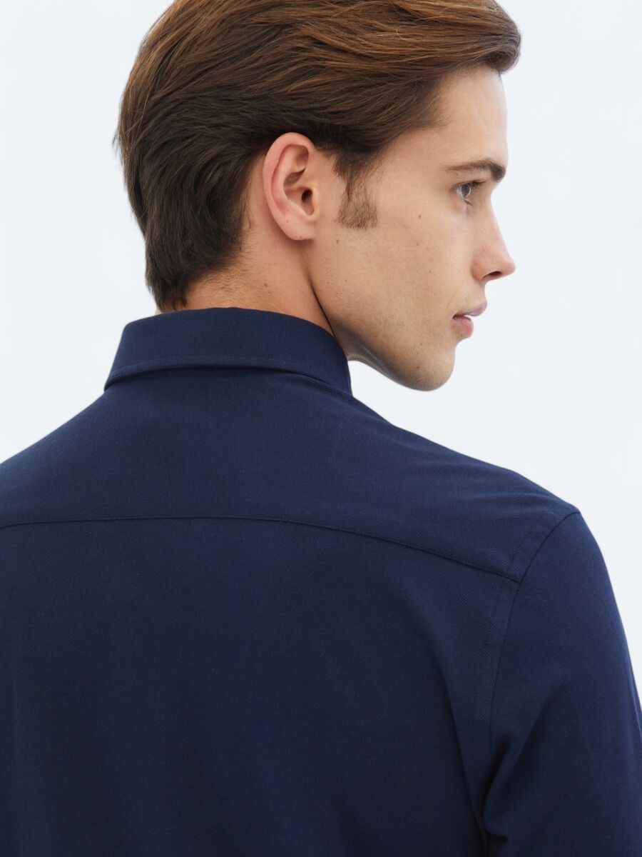 Navy Blue Regular Fit Knitting Casual Cotton Blended Shirt - 4