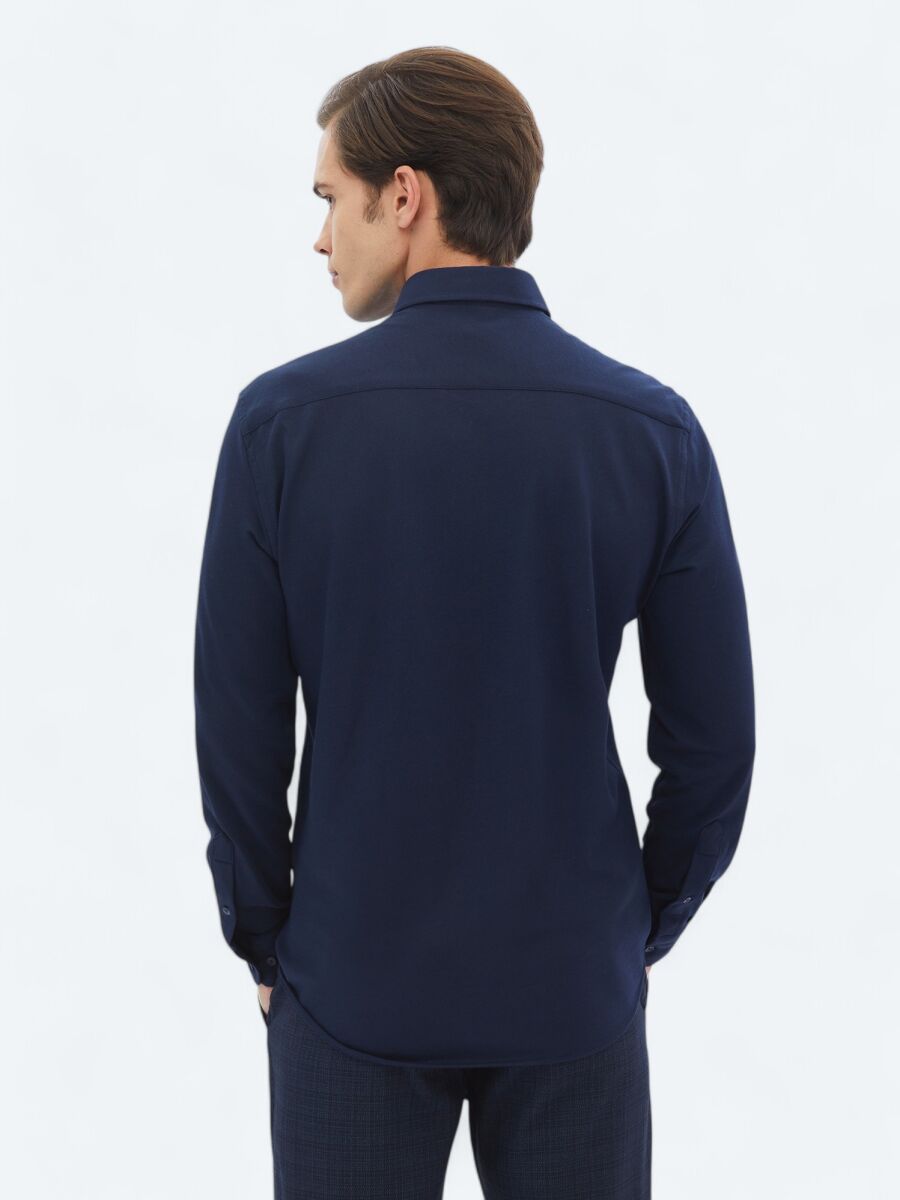 Navy Blue Regular Fit Knitting Casual Cotton Blended Shirt - 5