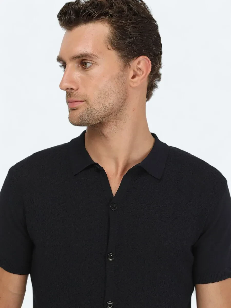 Navy Blue Regular Fit Knitting Casual Shirt - 3