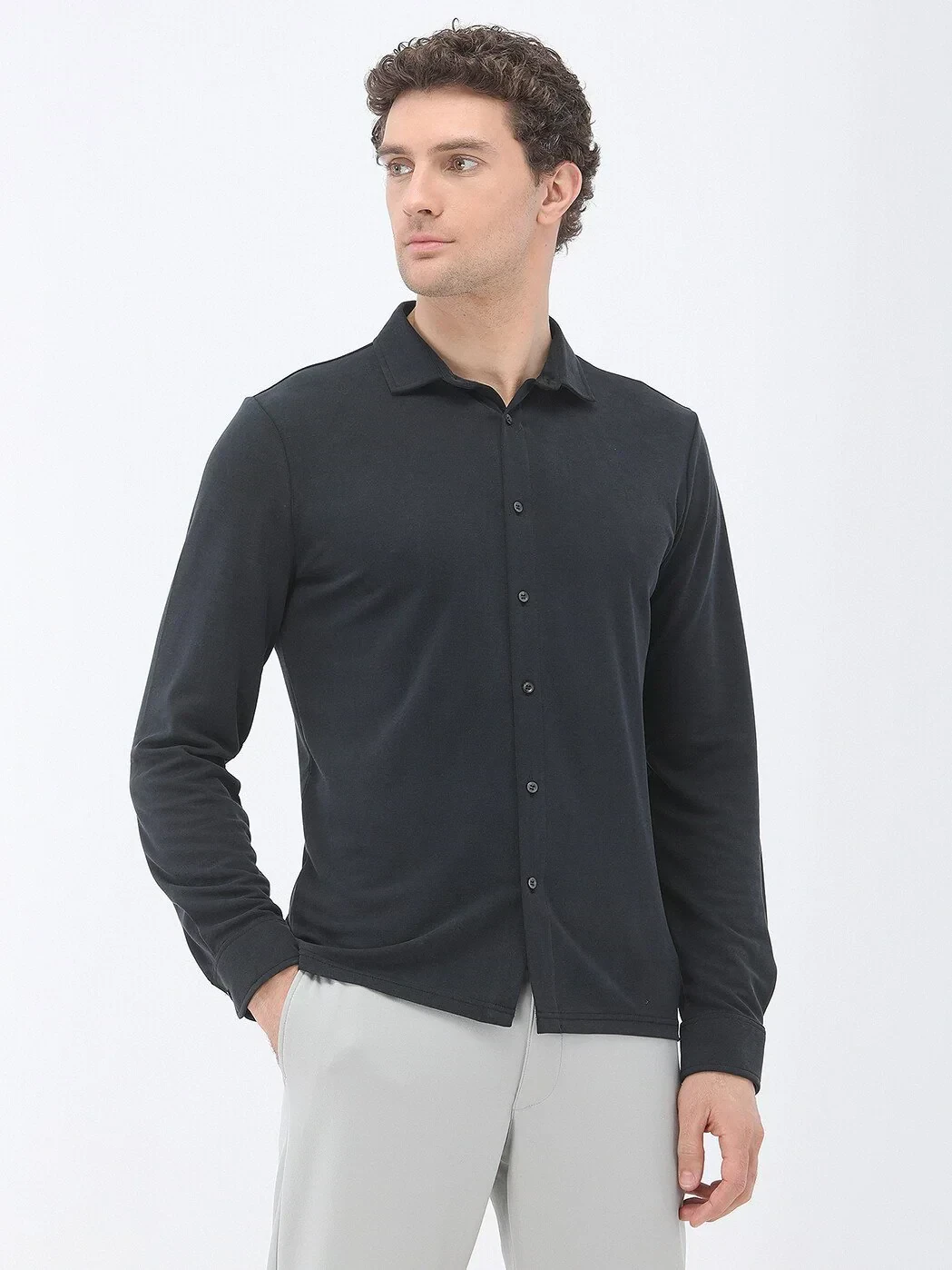 Navy Blue Regular Fit Knitting Casual Shirt - 1