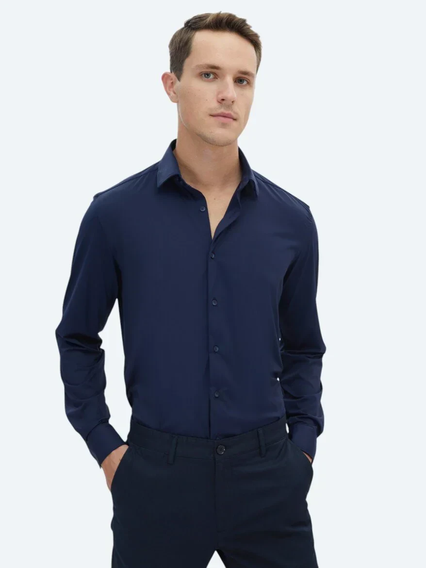 Navy Blue Regular Fit Knitting Casual Shirt - 1