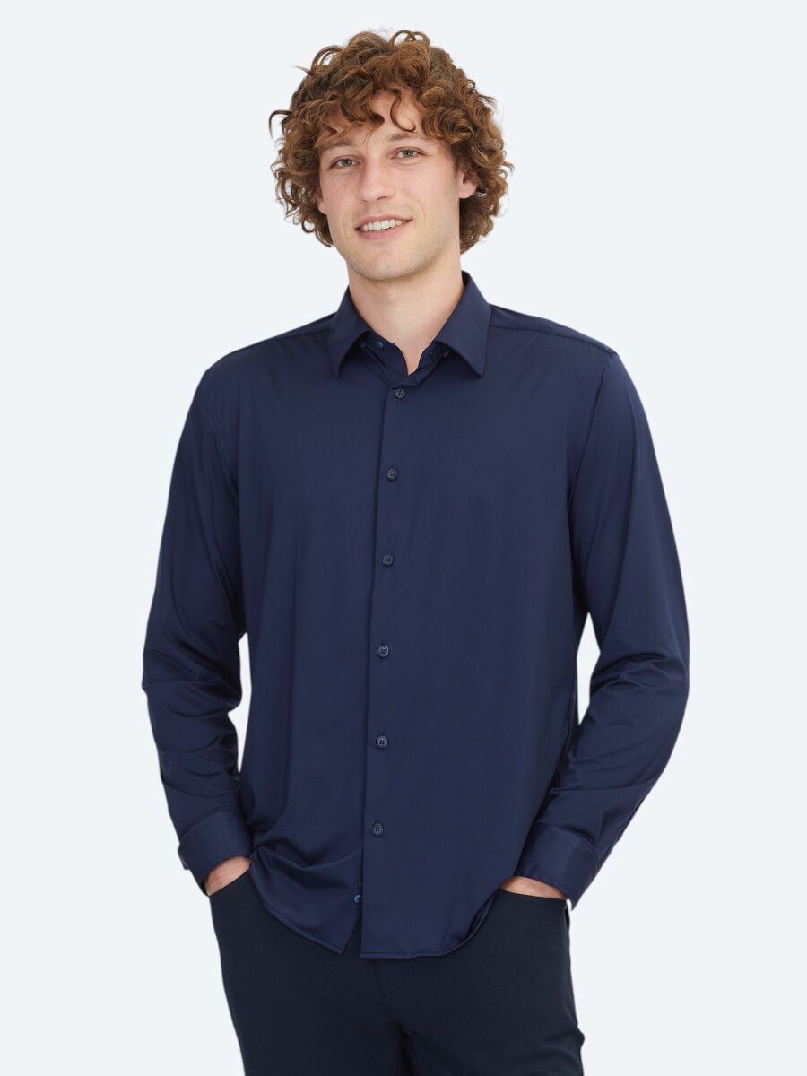 Navy Blue Regular Fit Knitting Casual Shirt - 1