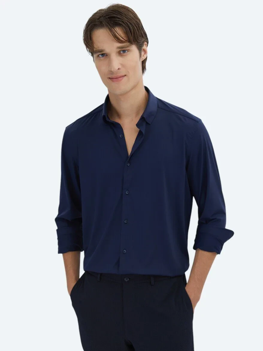 Navy Blue Regular Fit Knitting Casual Shirt - 1