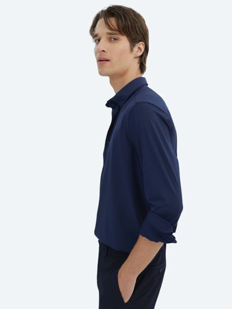 Navy Blue Regular Fit Knitting Casual Shirt - 3