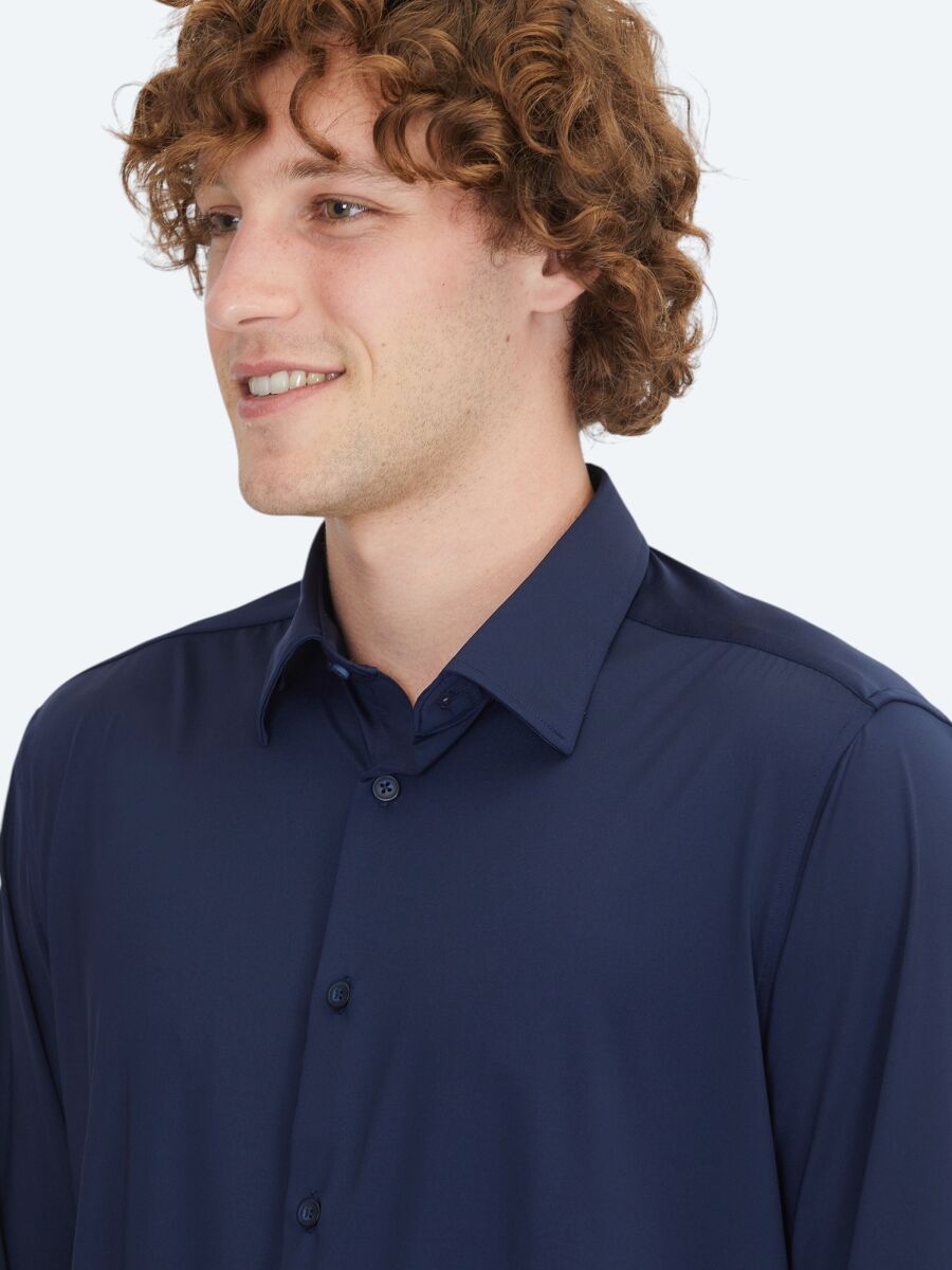 Navy Blue Regular Fit Long Knitting Casual Shirt - 3