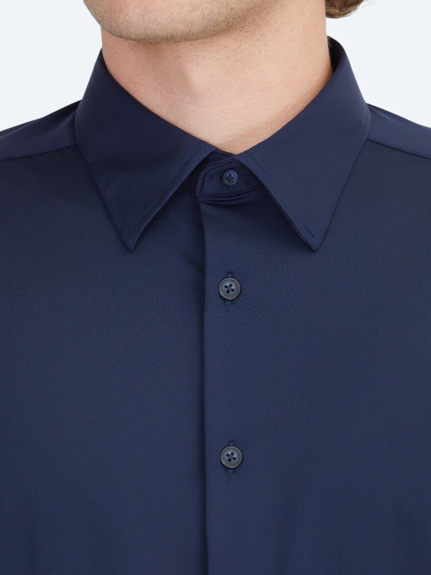 Navy Blue Regular Fit Long Knitting Casual Shirt - 4