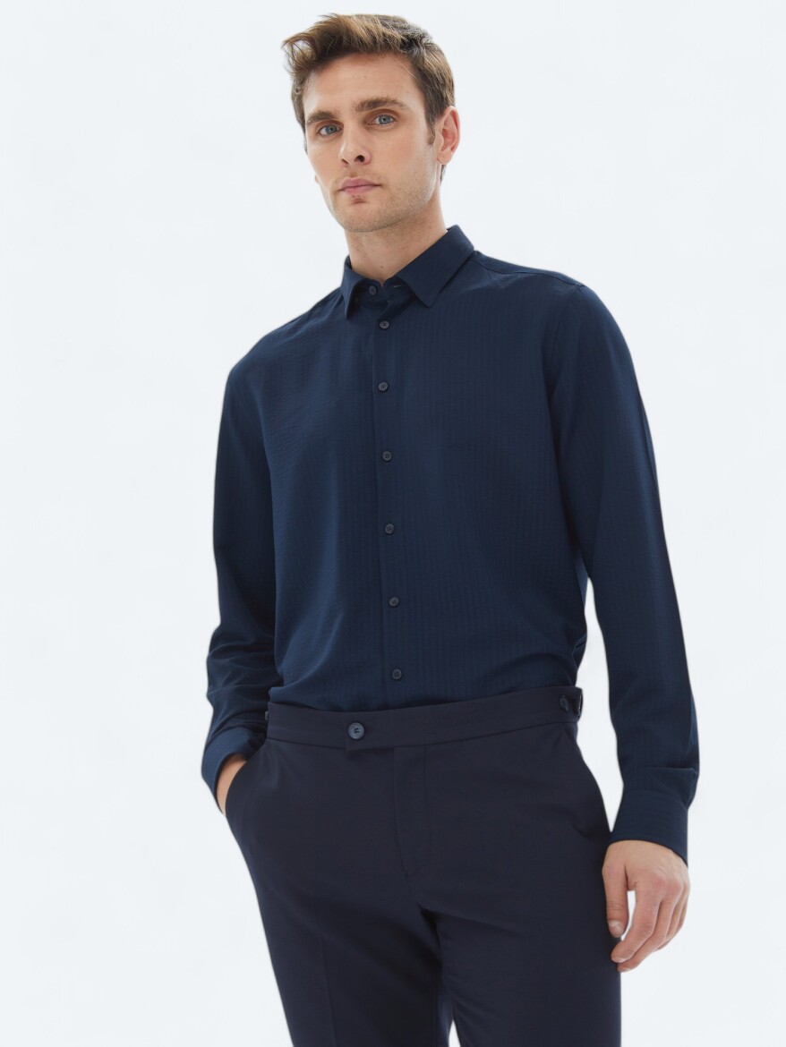 Navy Blue Regular Fit Long Weaving Casual Shirt - 1