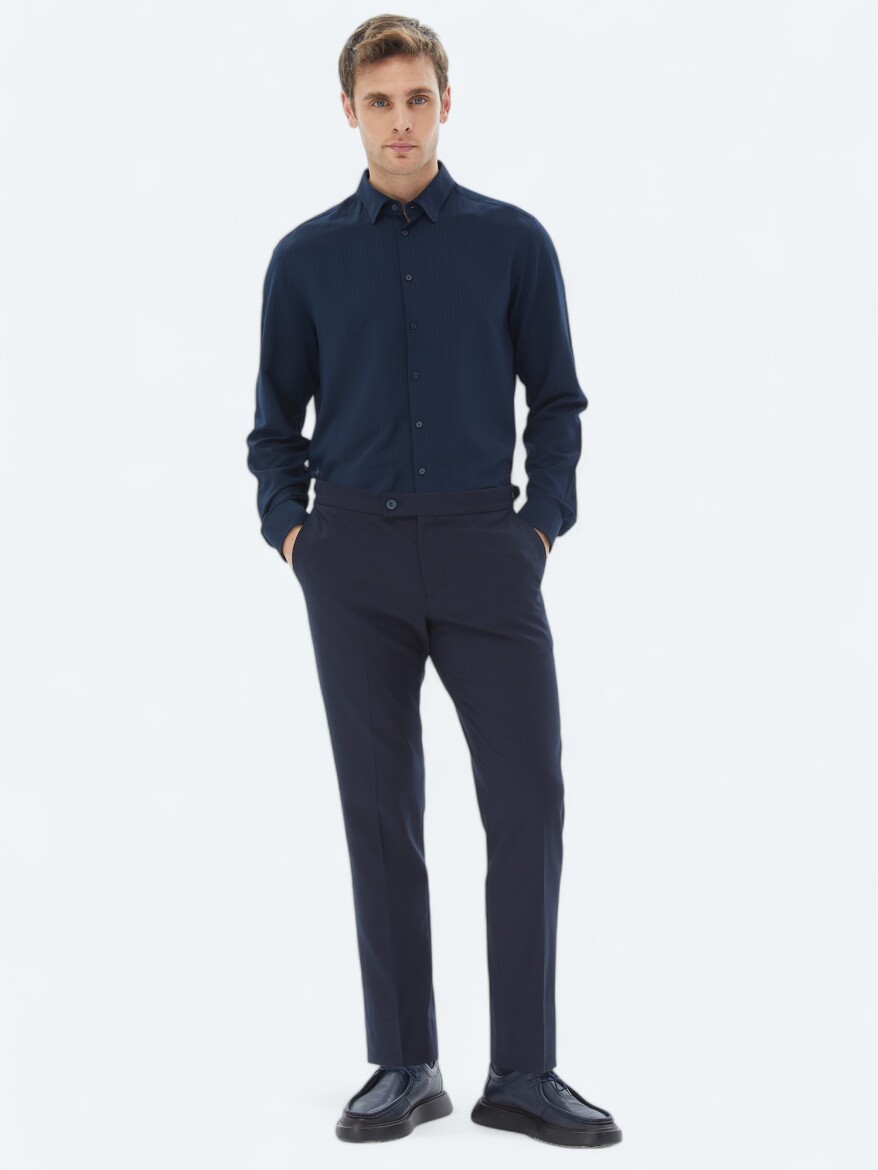 Navy Blue Regular Fit Long Weaving Casual Shirt - 2
