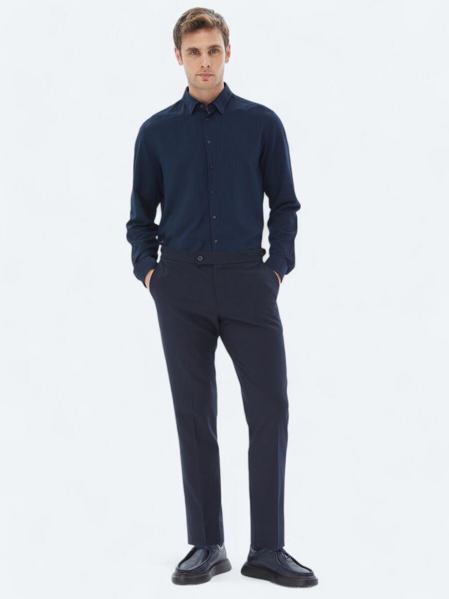 Navy Blue Regular Fit Long Weaving Casual Shirt - 2