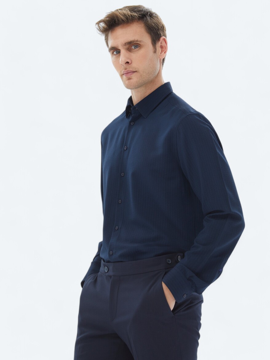 Navy Blue Regular Fit Long Weaving Casual Shirt - 3