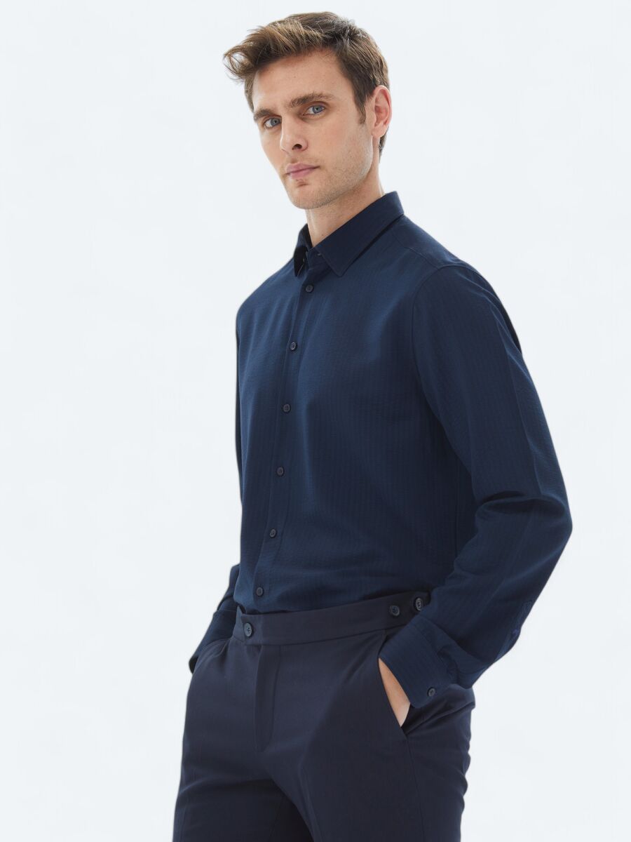 Navy Blue Regular Fit Long Weaving Casual Shirt - 3