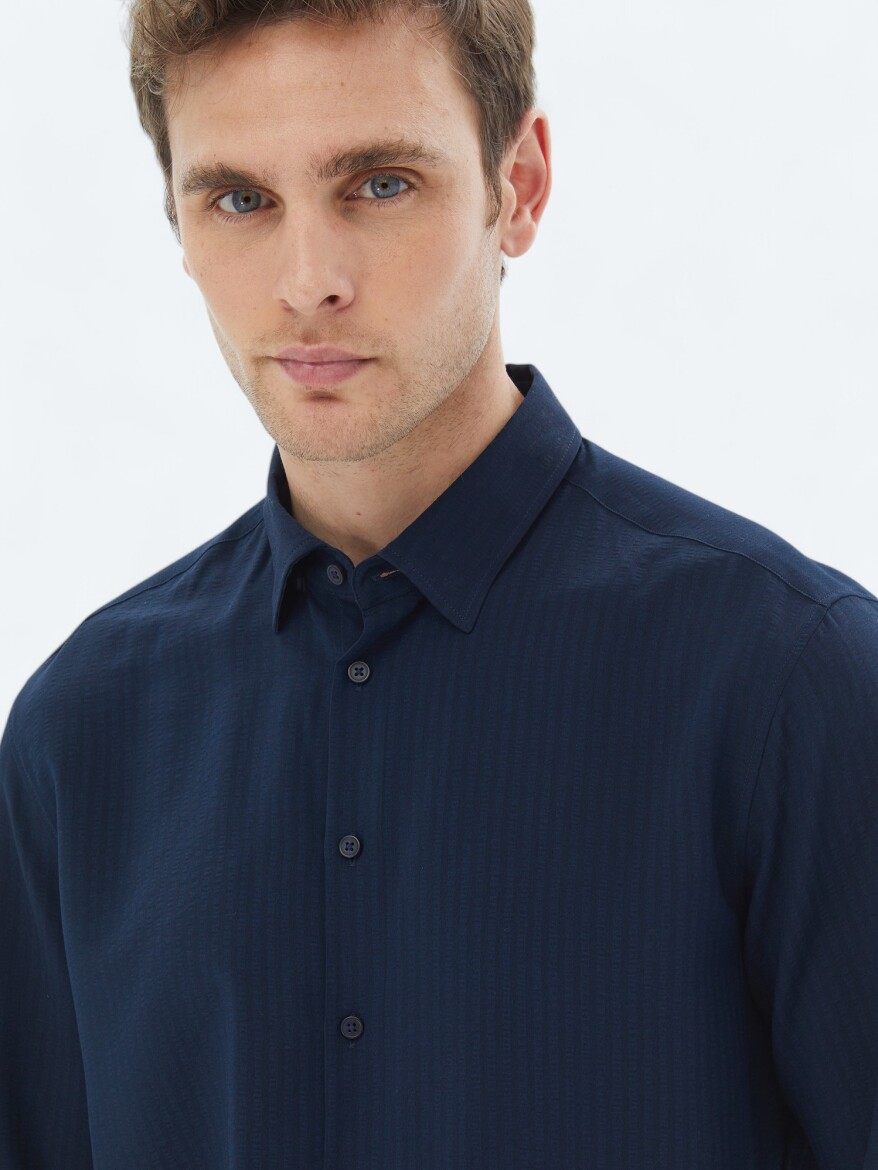 Navy Blue Regular Fit Long Weaving Casual Shirt - 4