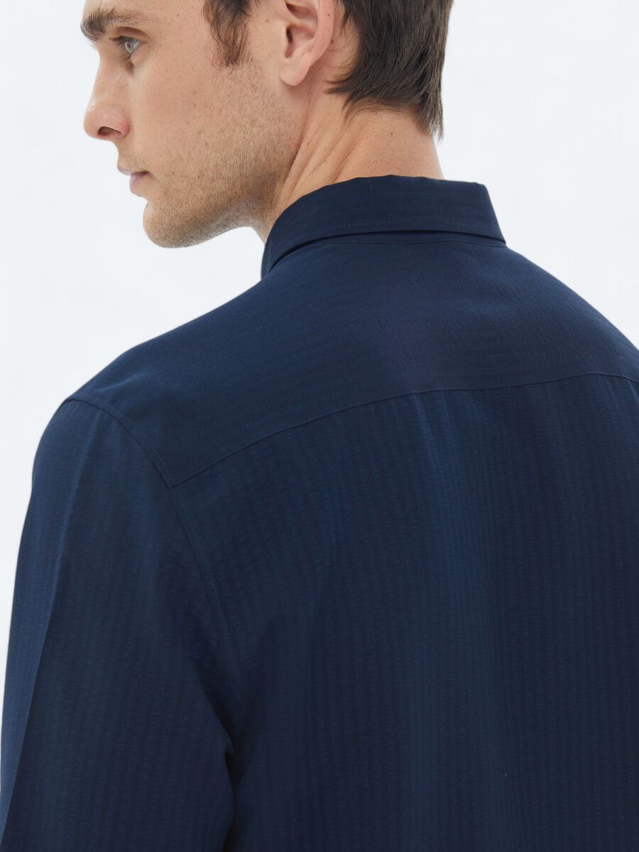 Navy Blue Regular Fit Long Weaving Casual Shirt - 5
