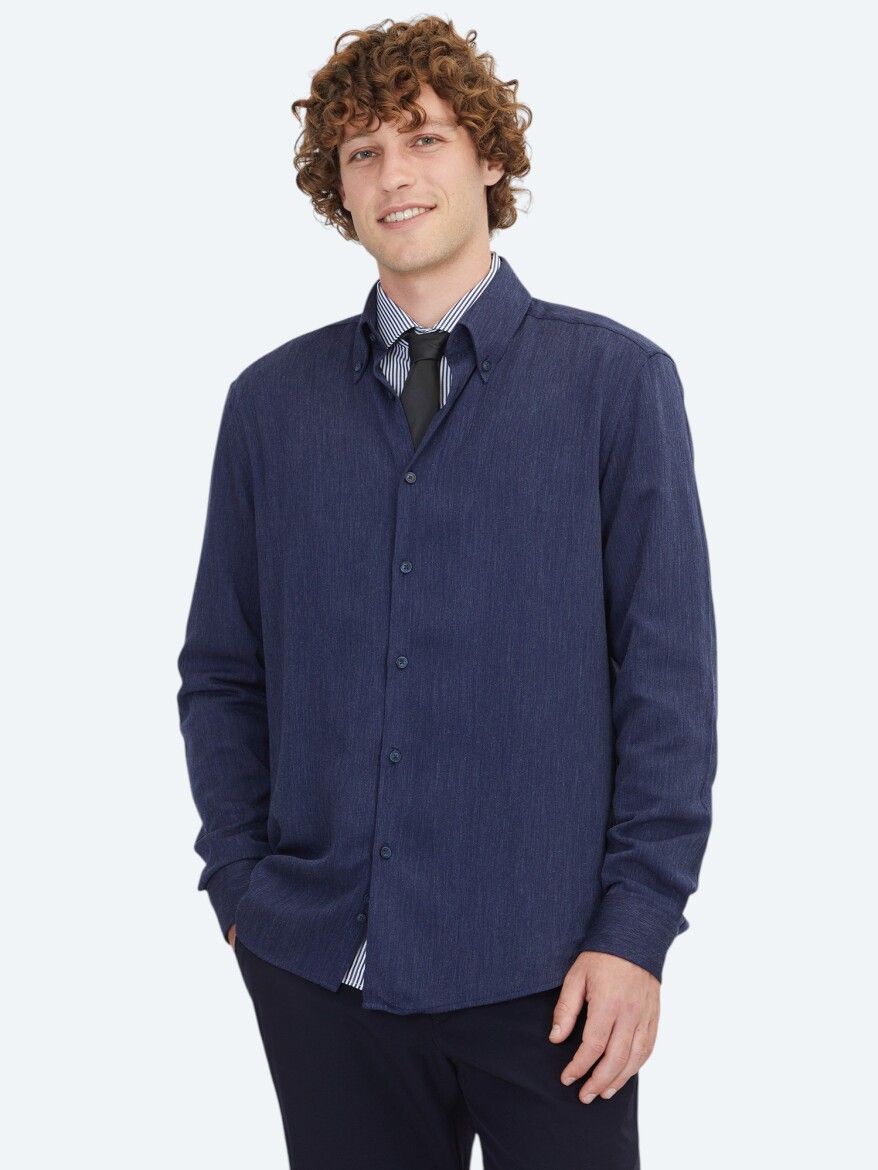 Navy Blue Regular Fit Long Weaving Casual Shirt - 1