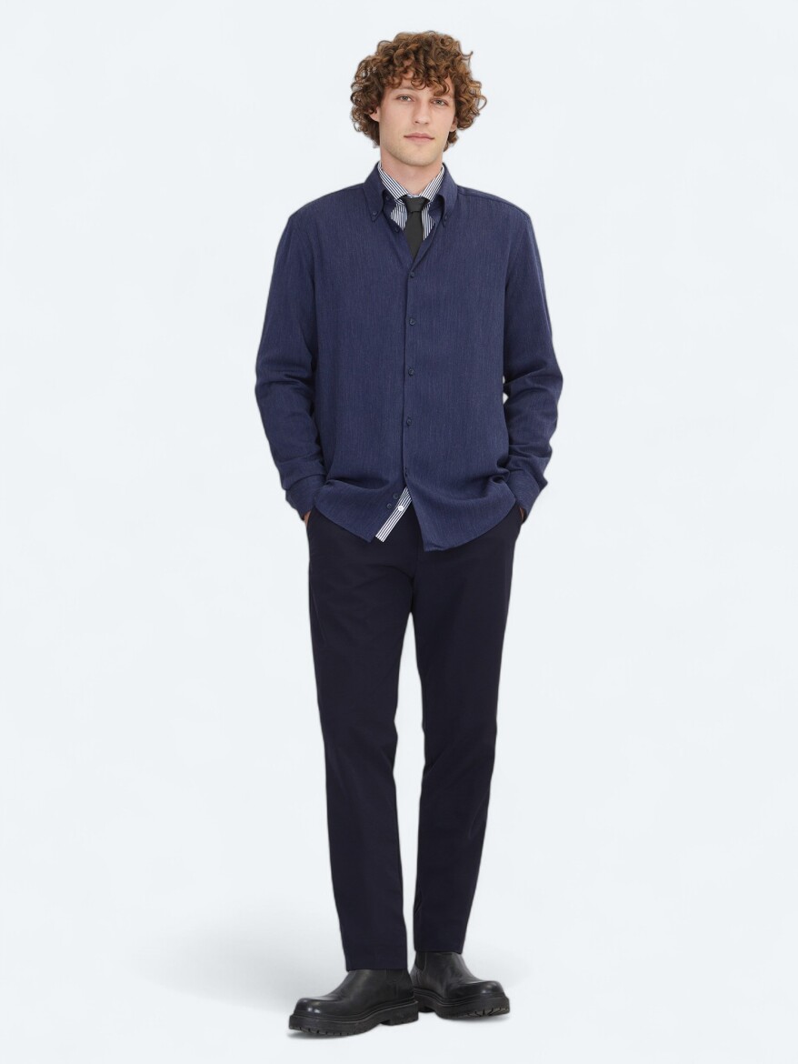 Navy Blue Regular Fit Long Weaving Casual Shirt - 2