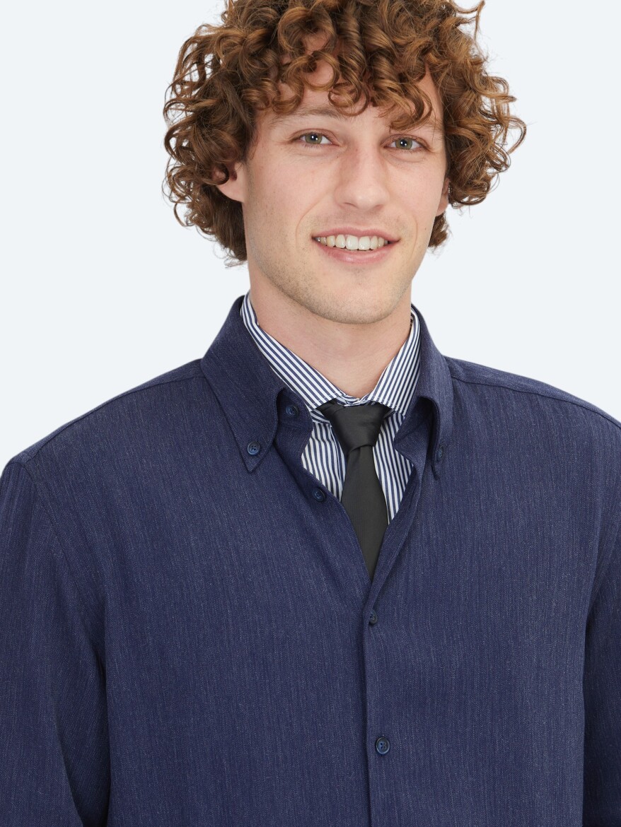 Navy Blue Regular Fit Long Weaving Casual Shirt - 4