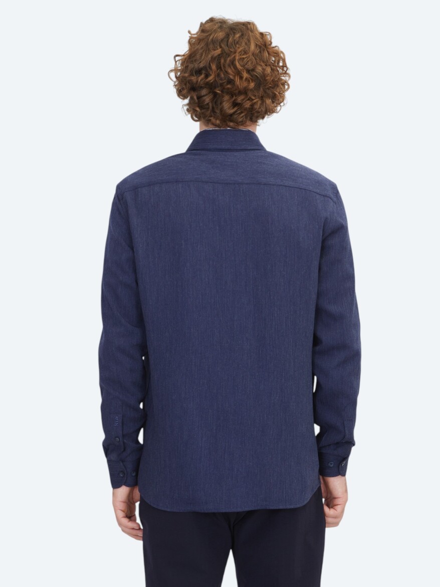 Navy Blue Regular Fit Long Weaving Casual Shirt - 5