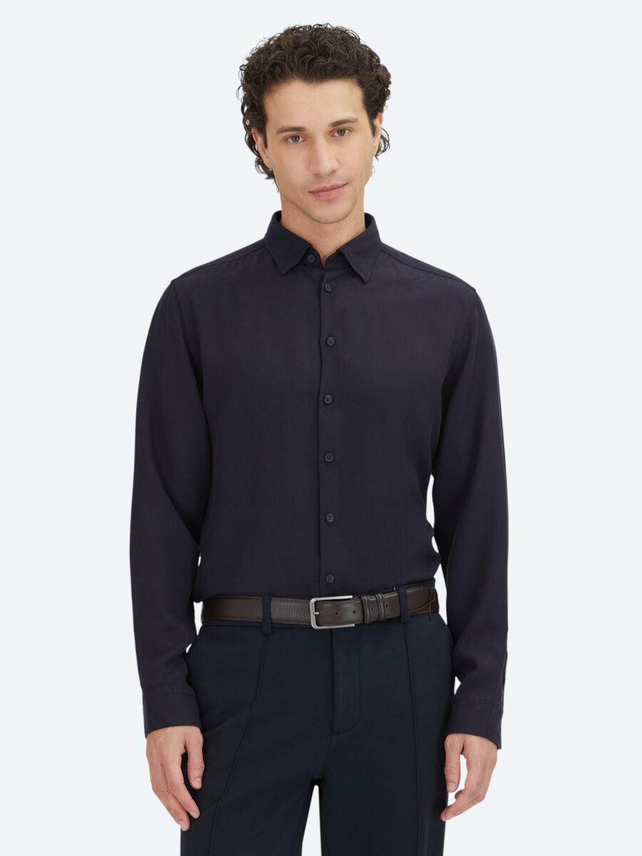 Navy Blue Regular Fit Long Weaving Casual Shirt - 1