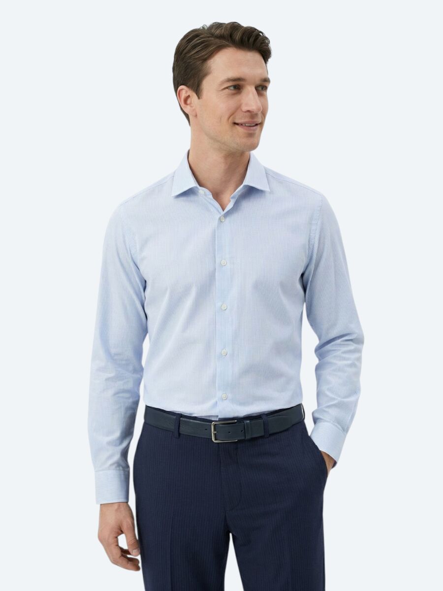 Navy Blue Regular Fit Long Weaving Classical Cotton Blended Shirt - 1