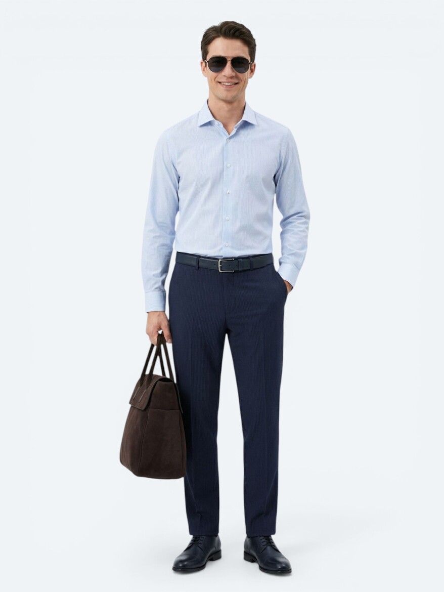 Navy Blue Regular Fit Long Weaving Classical Cotton Blended Shirt - 2