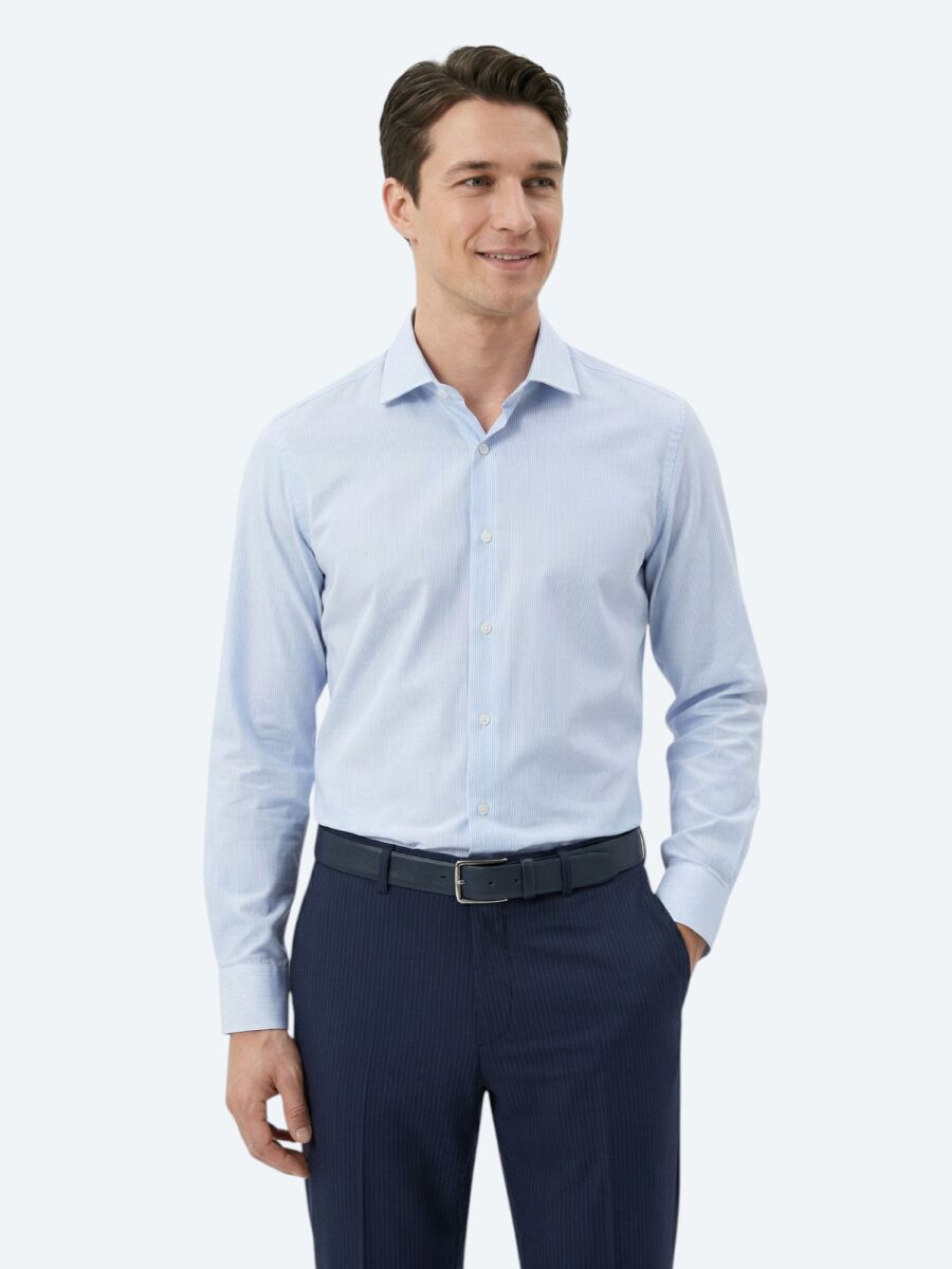 Navy Blue Regular Fit Long Weaving Classical Cotton Blended Shirt - 3