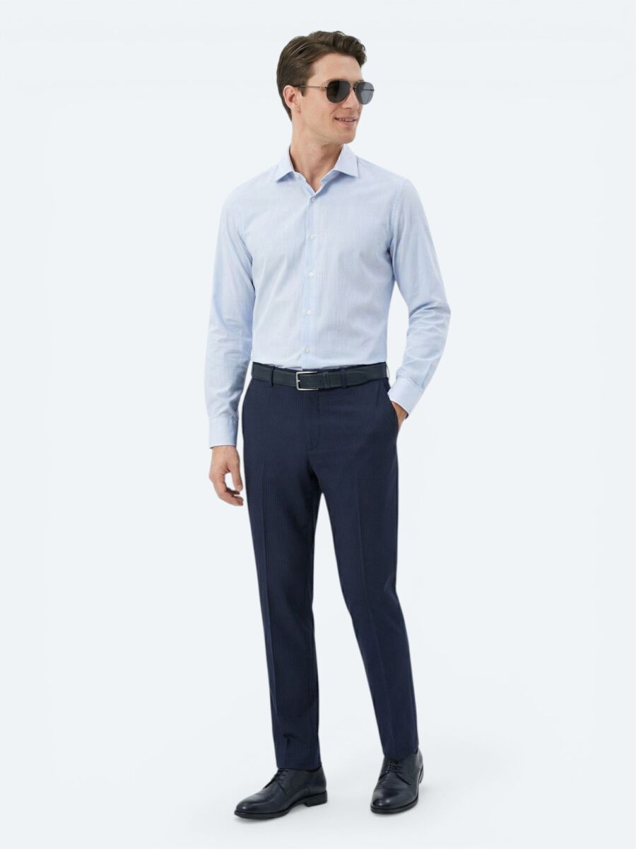 Navy Blue Regular Fit Long Weaving Classical Cotton Blended Shirt - 4