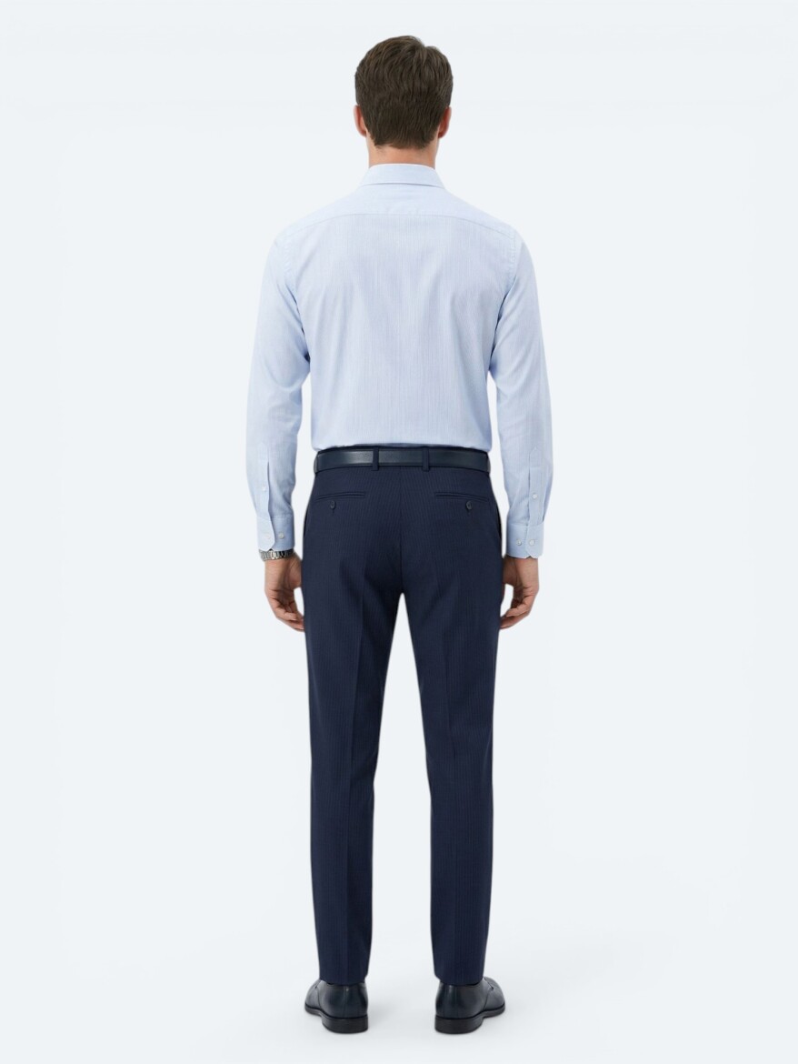 Navy Blue Regular Fit Long Weaving Classical Cotton Blended Shirt - 5