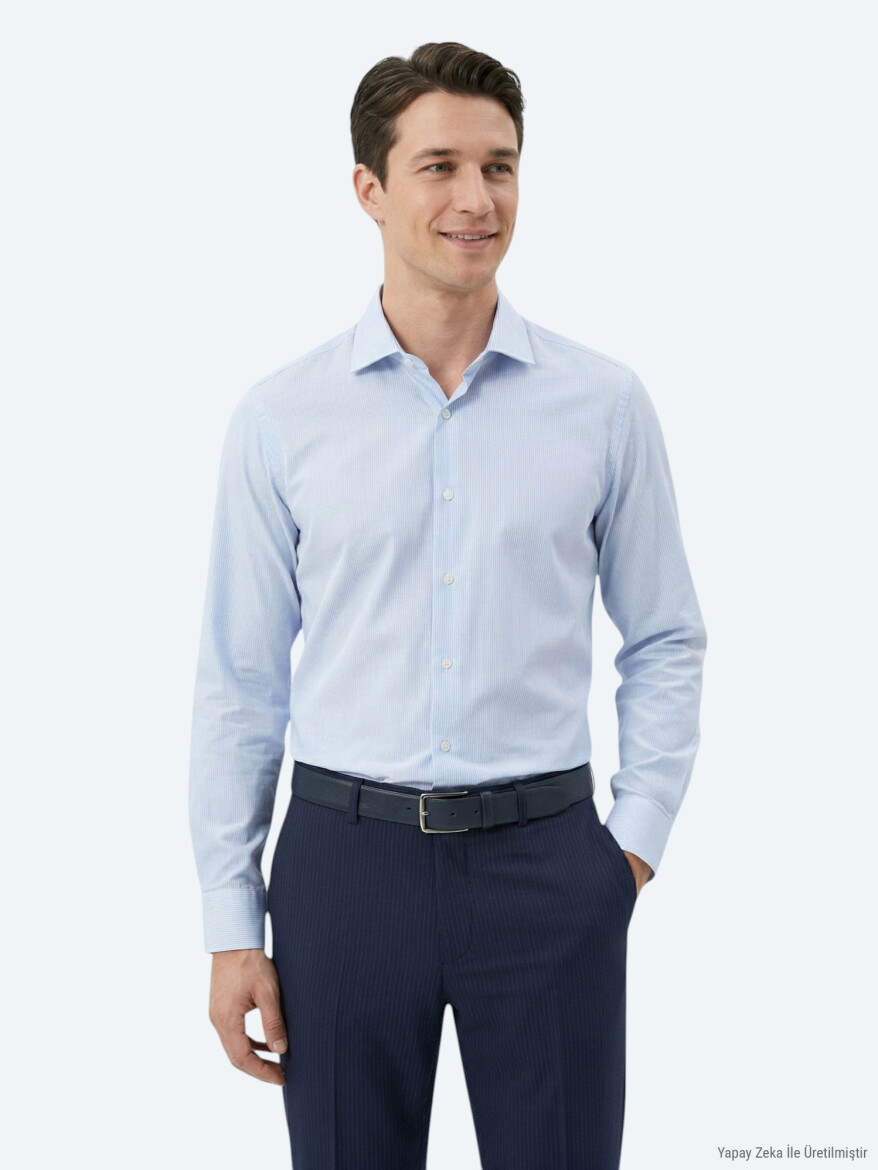 Navy Blue Regular Fit Long Weaving Classical Cotton Blended Shirt - 3