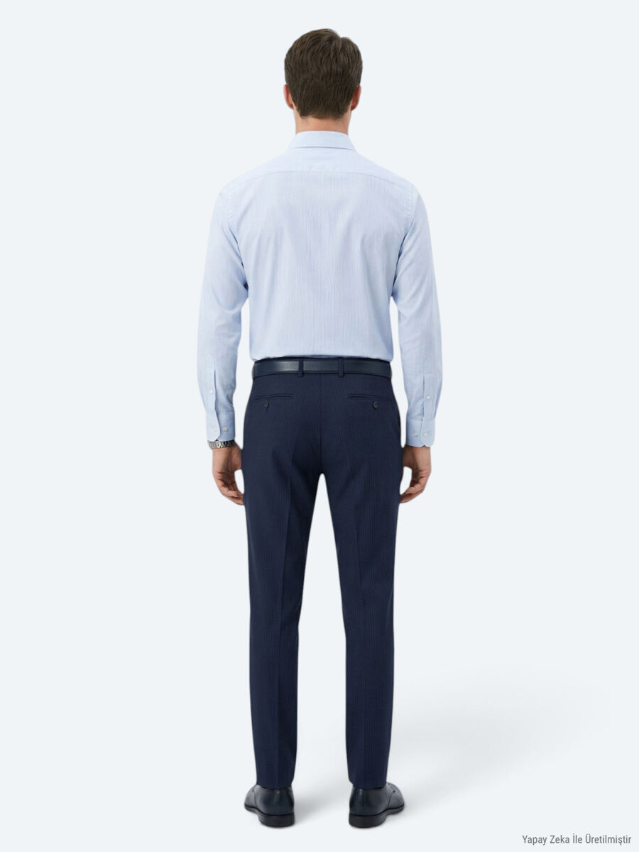 Navy Blue Regular Fit Long Weaving Classical Cotton Blended Shirt - 5