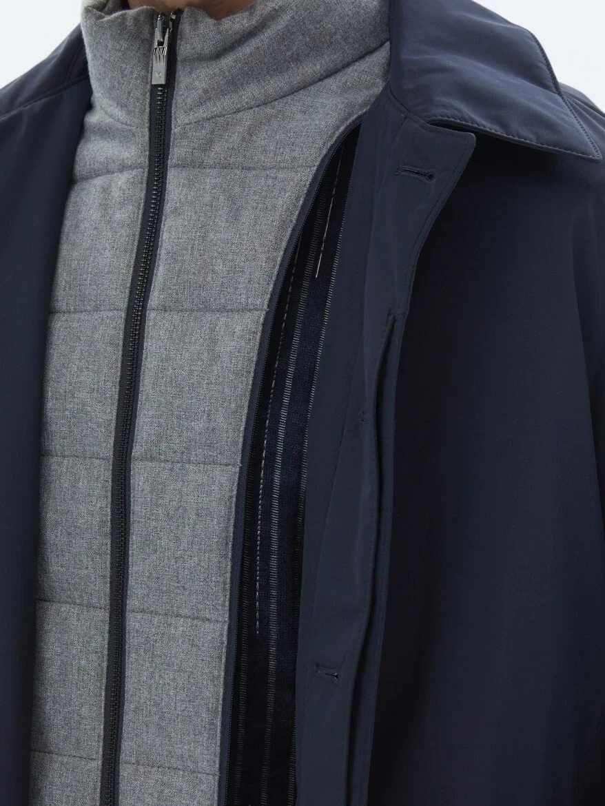 Navy Blue Regular Fit Round Collar Casual Weaving Rain Coat - 9