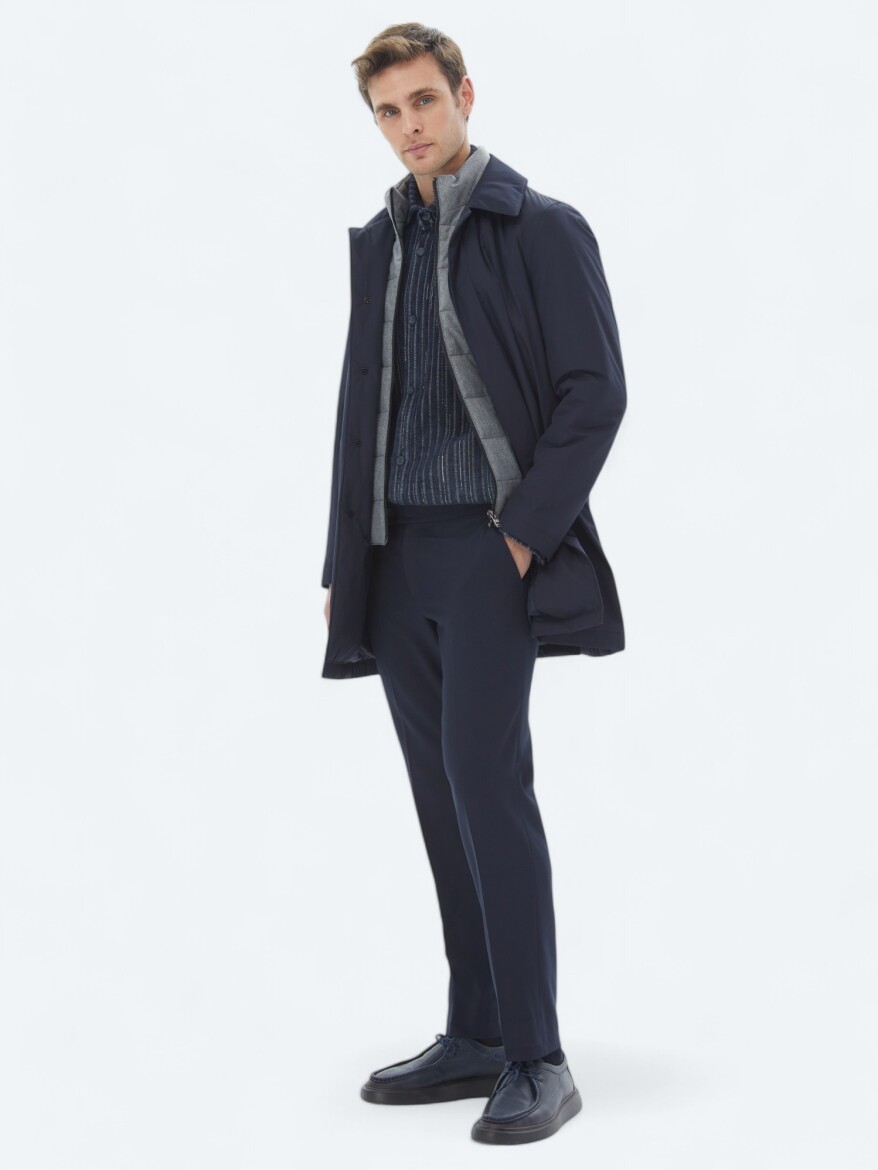 Navy Blue Regular Fit Round Collar Casual Weaving Rain Coat - 3