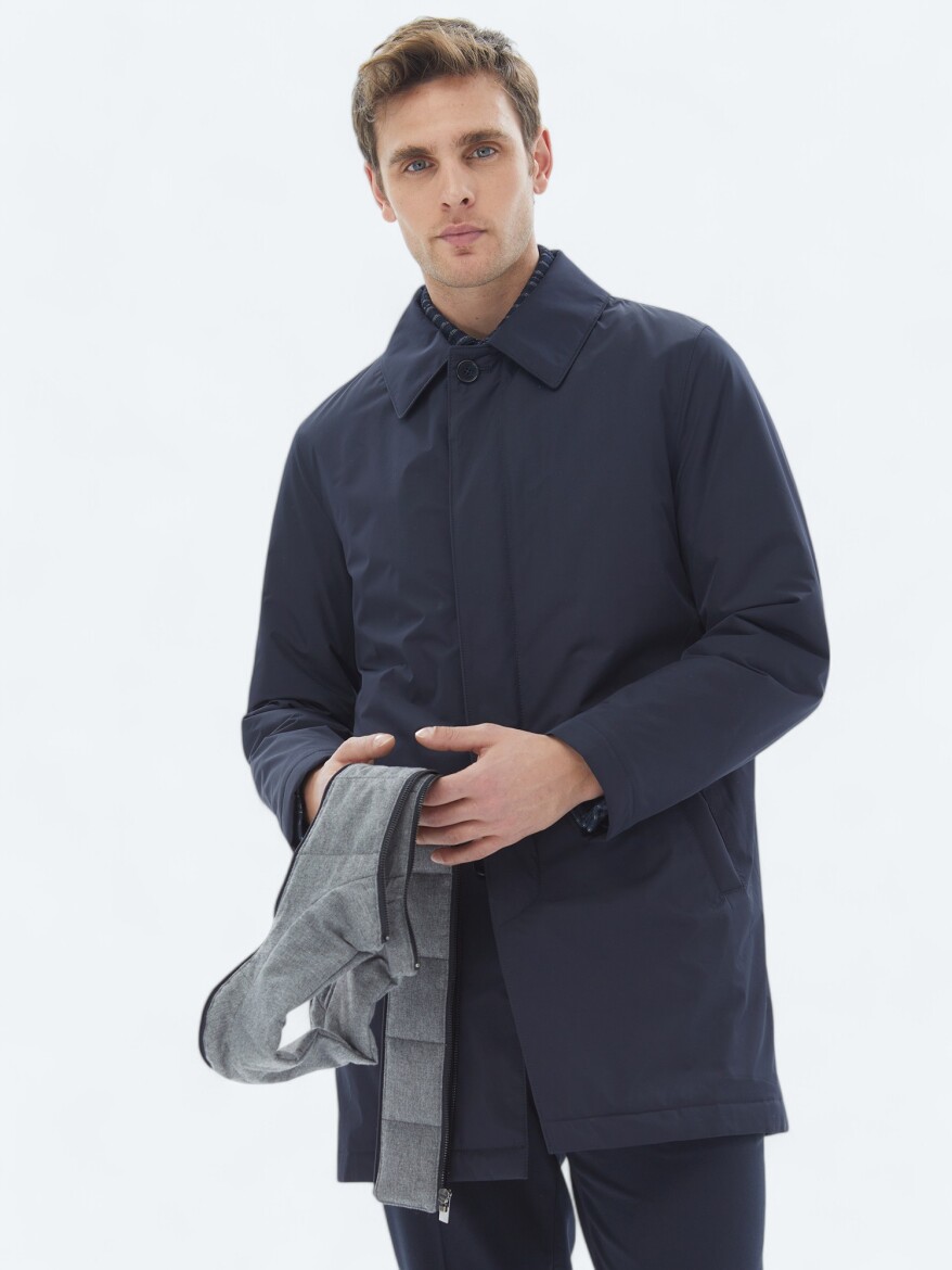 Navy Blue Regular Fit Round Collar Casual Weaving Rain Coat - 4
