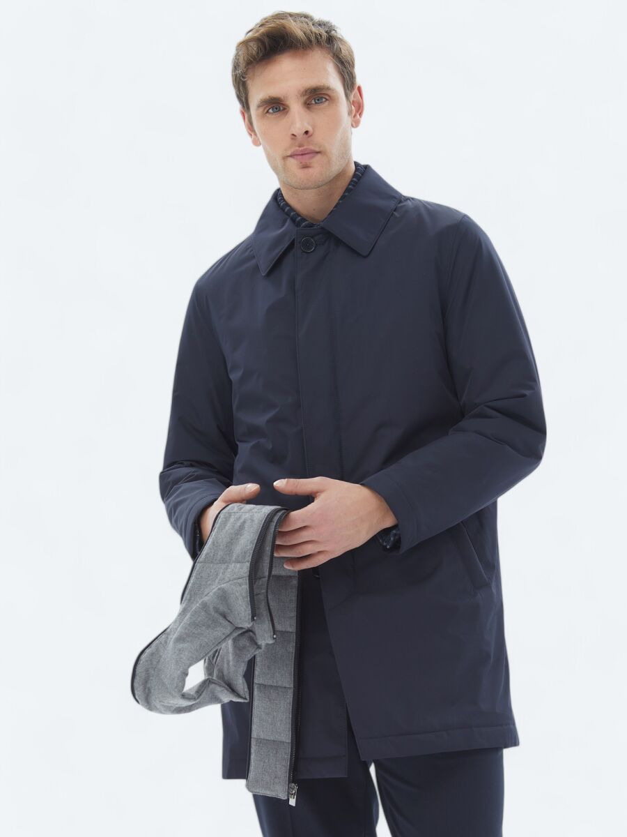 Navy Blue Regular Fit Round Collar Casual Weaving Rain Coat - 4