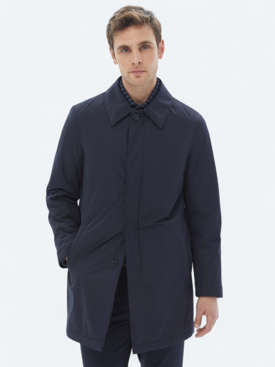 Navy Blue Regular Fit Round Collar Casual Weaving Rain Coat - 5