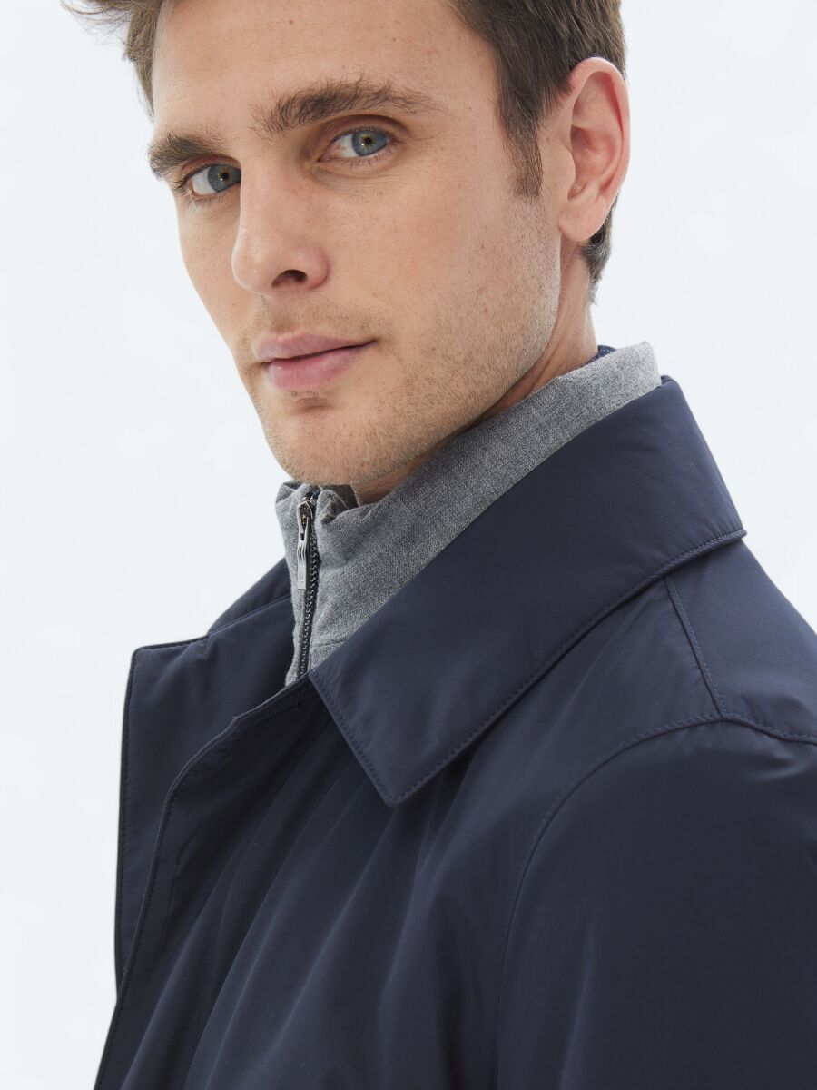 Navy Blue Regular Fit Round Collar Casual Weaving Rain Coat - 8