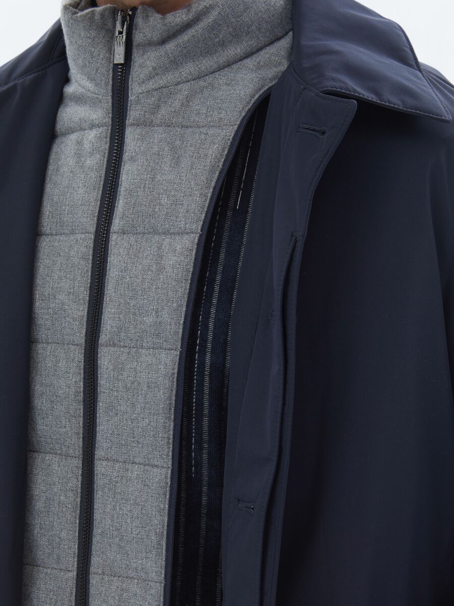 Navy Blue Regular Fit Round Collar Casual Weaving Rain Coat - 9