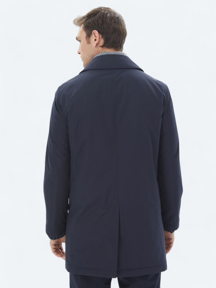 Navy Blue Regular Fit Round Collar Casual Weaving Rain Coat - 10