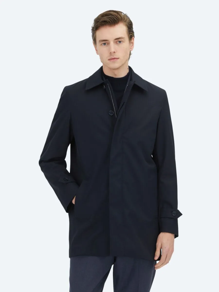 Navy Blue Regular Fit Round Collar Casual Weaving Rain Coat - 1