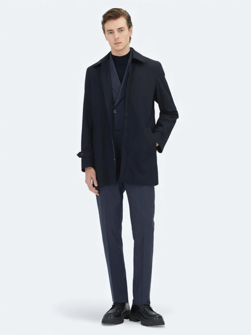 Navy Blue Regular Fit Round Collar Casual Weaving Rain Coat - KİP