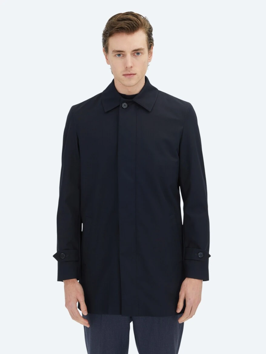 Navy Blue Regular Fit Round Collar Casual Weaving Rain Coat - 3