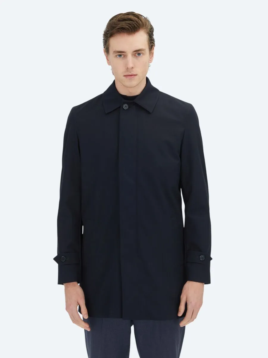 Navy Blue Regular Fit Round Collar Casual Weaving Rain Coat - 3