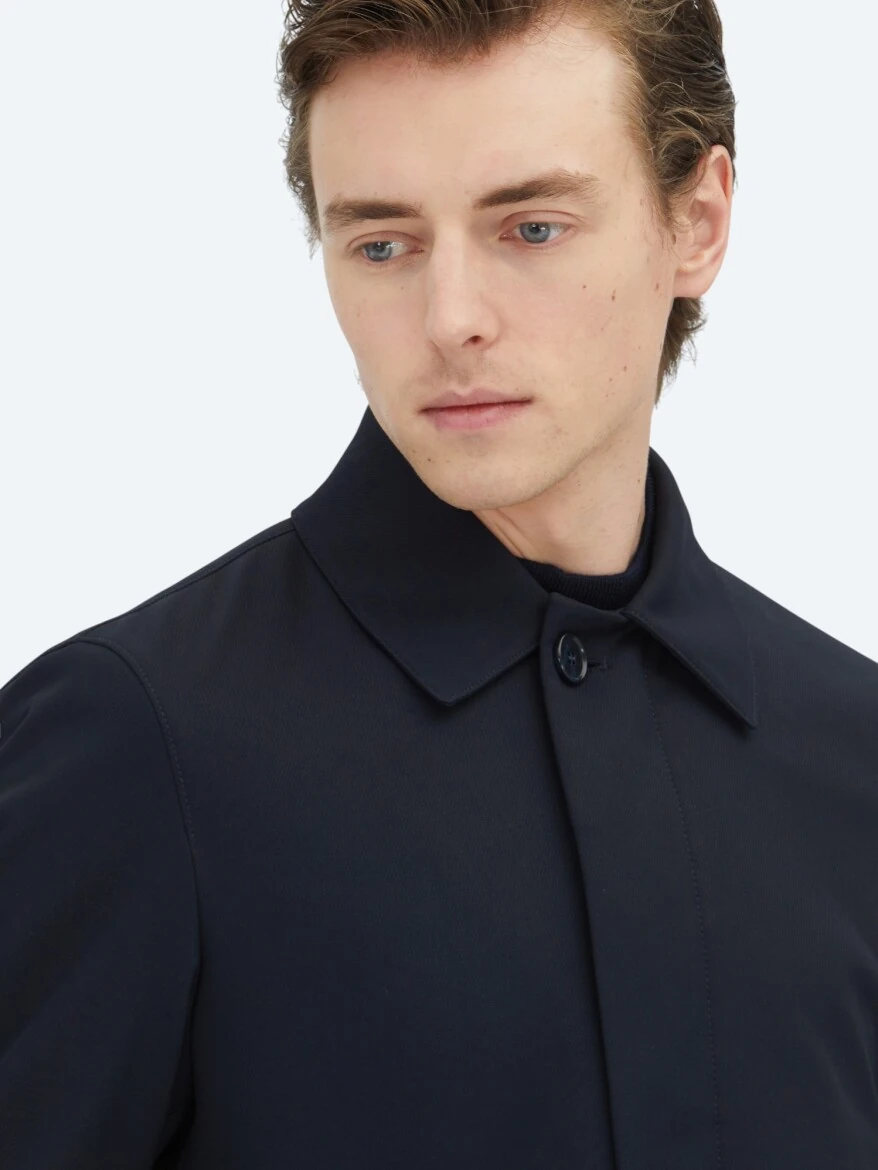 Navy Blue Regular Fit Round Collar Casual Weaving Rain Coat - 4