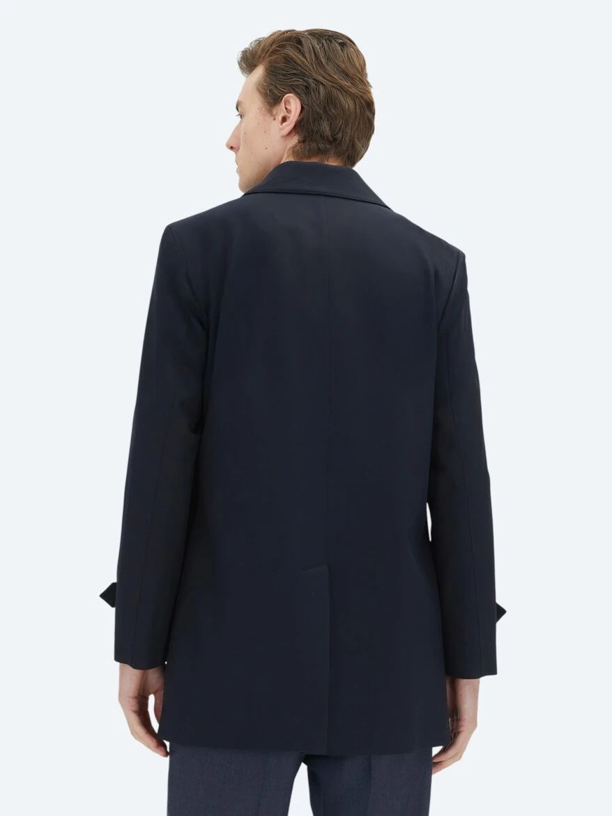 Navy Blue Regular Fit Round Collar Casual Weaving Rain Coat - 5