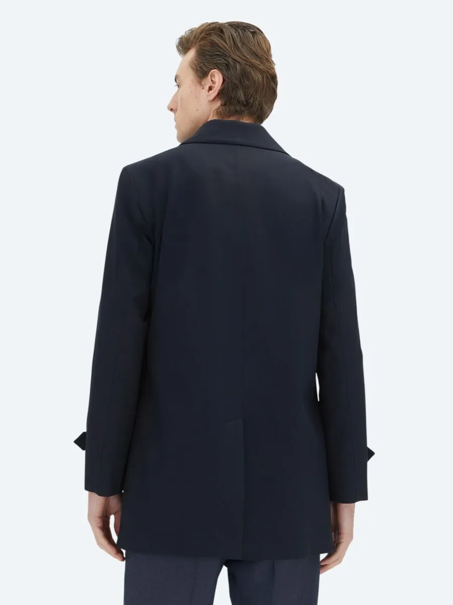 Navy Blue Regular Fit Round Collar Casual Weaving Rain Coat - 5