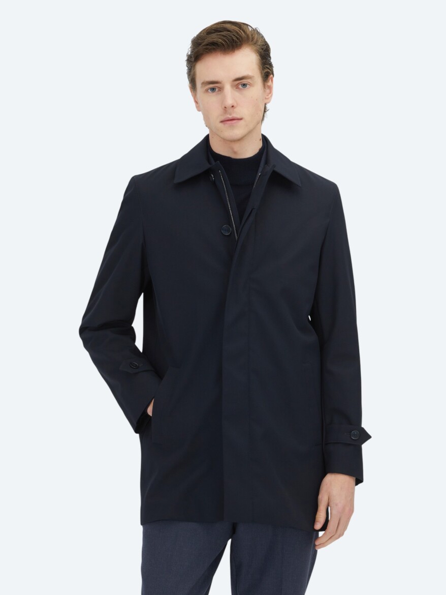 Navy Blue Regular Fit Round Collar Casual Weaving Rain Coat 