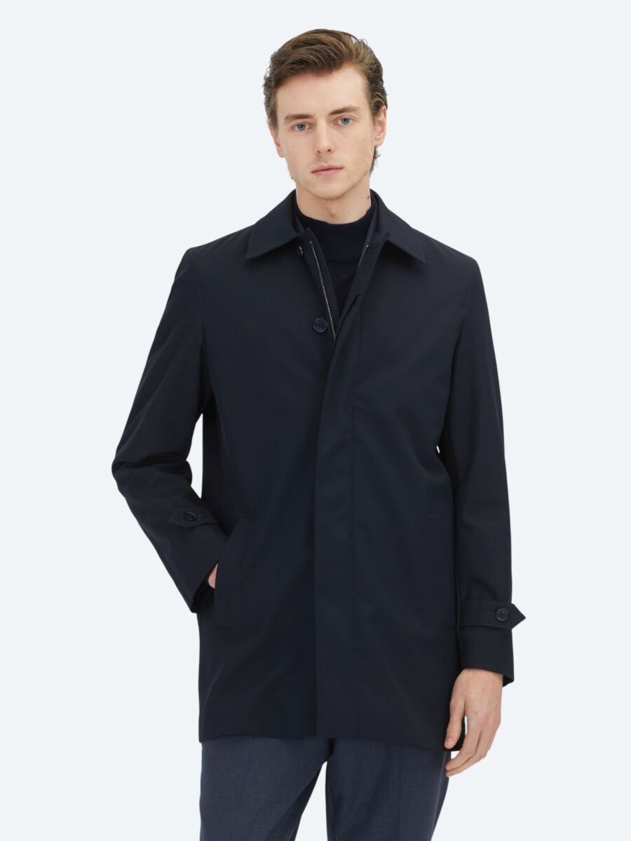 Navy Blue Regular Fit Round Collar Casual Weaving Rain Coat - 1