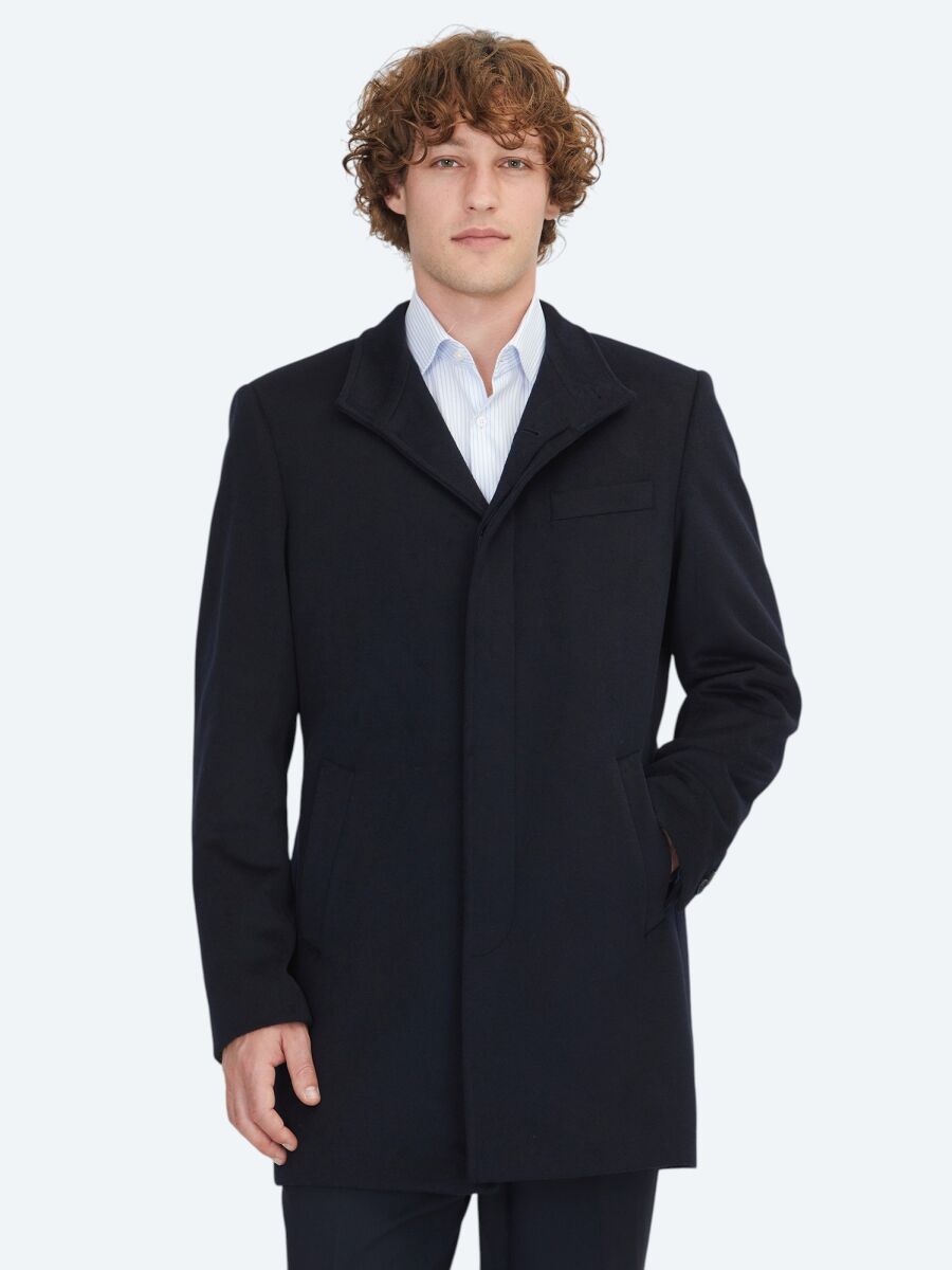 Navy Blue Regular Fit Shawl Collar Casual Weaving Overcoat - 1