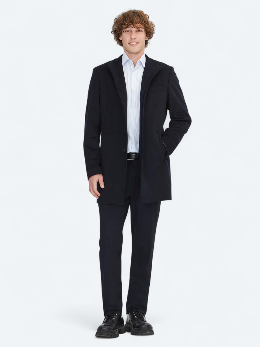 Navy Blue Regular Fit Shawl Collar Casual Weaving Overcoat 